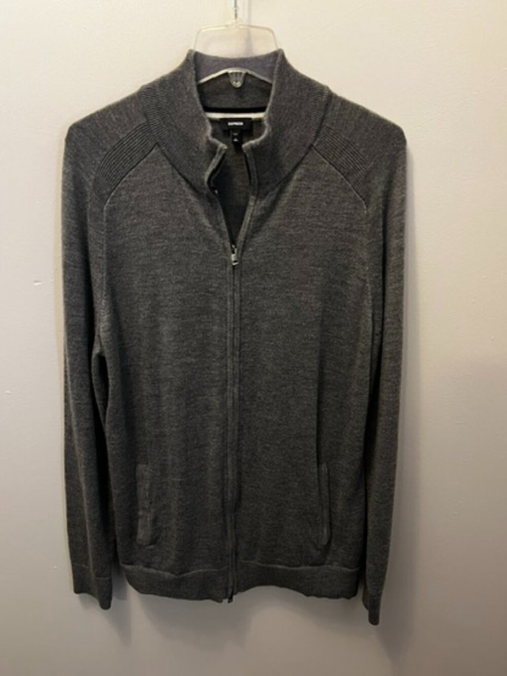 Women's Express Zip Cardigan Wool Sweater, Size L Tall, Gray, Pockets, Ex Cond!
